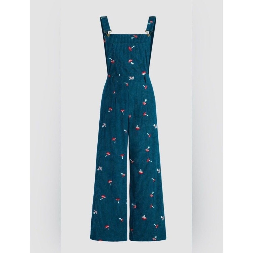 CIDER Blue Corduroy Wide-Leg Jumpsuit Mushroom Embroidered Square Neck Size M - Picture 10 of 10